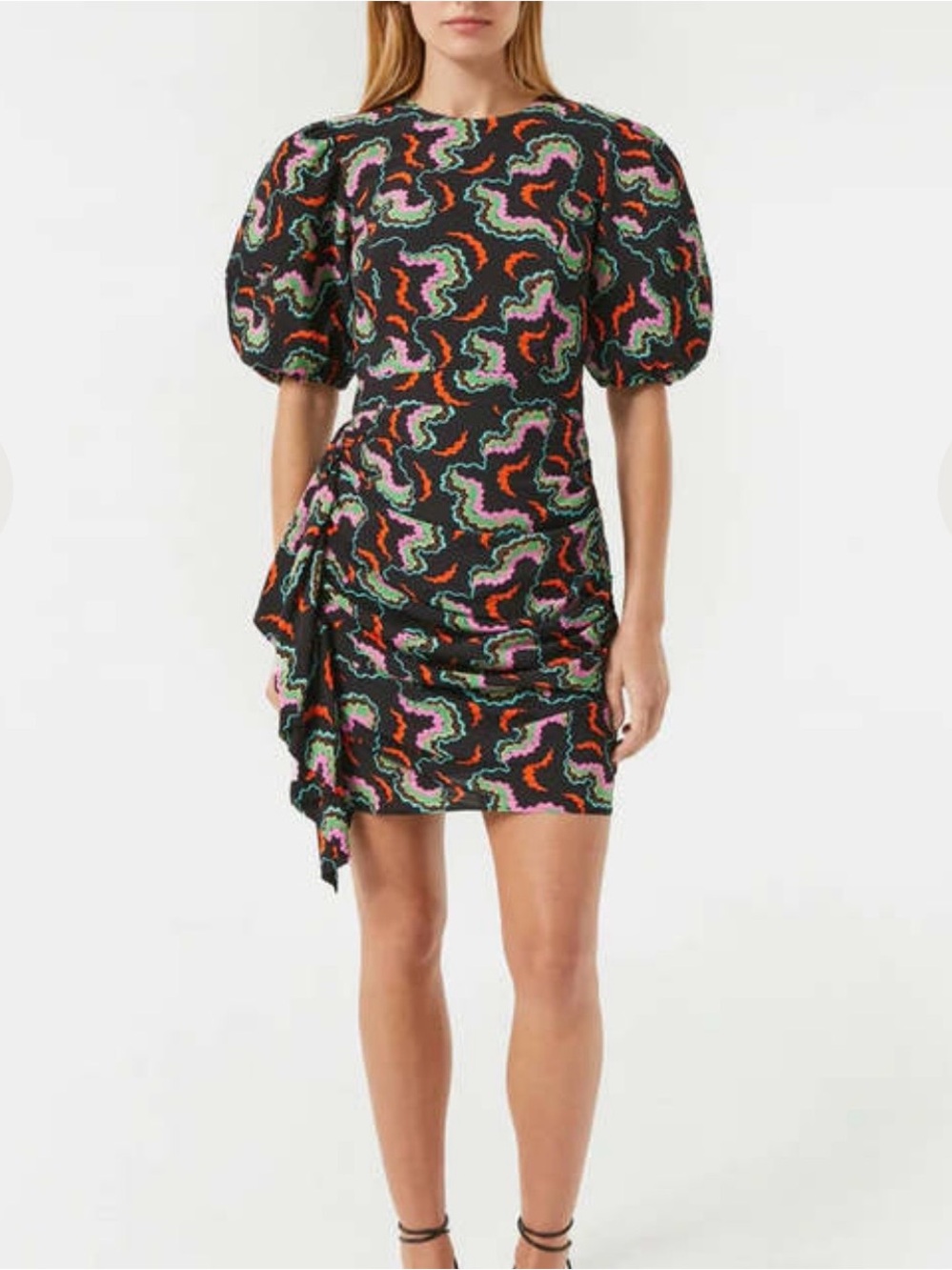Rhode Pia Mini Dress Women's Size 2 Soundwave Print Billowy Ruched Asymmetric